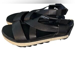 Sorel Roaming Criss Cross Black Leather Jute Ankle Strap Platform Sandal 9